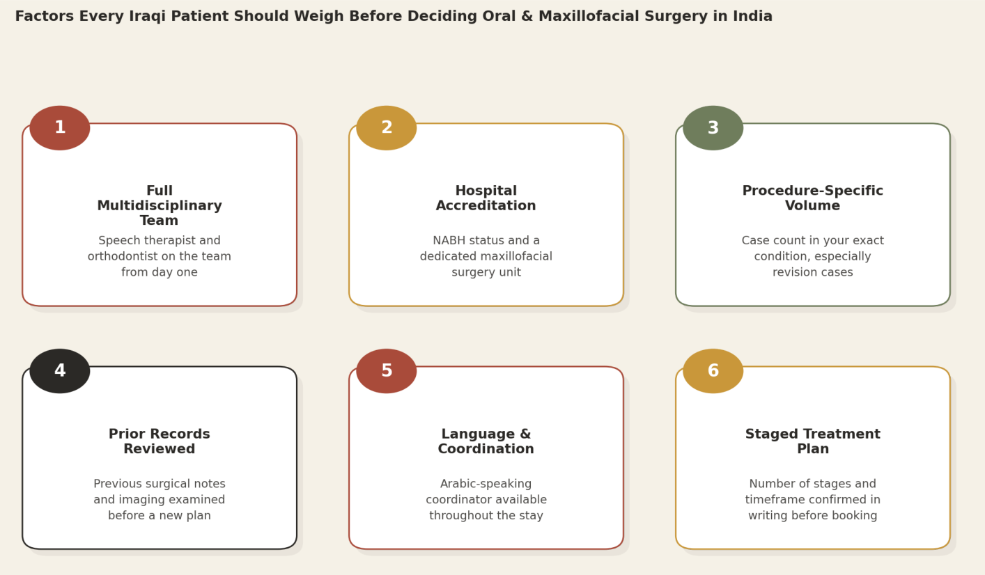 Factors every Iraqi patient should weigh before deciding oral and maxillofacial surgery in India: Full Multidisciplinary Team; Hospital Accreditation; Procedure-Specific Volume; Prior Records Reviewed; Language and Coordination; Staged Treatment Plan.