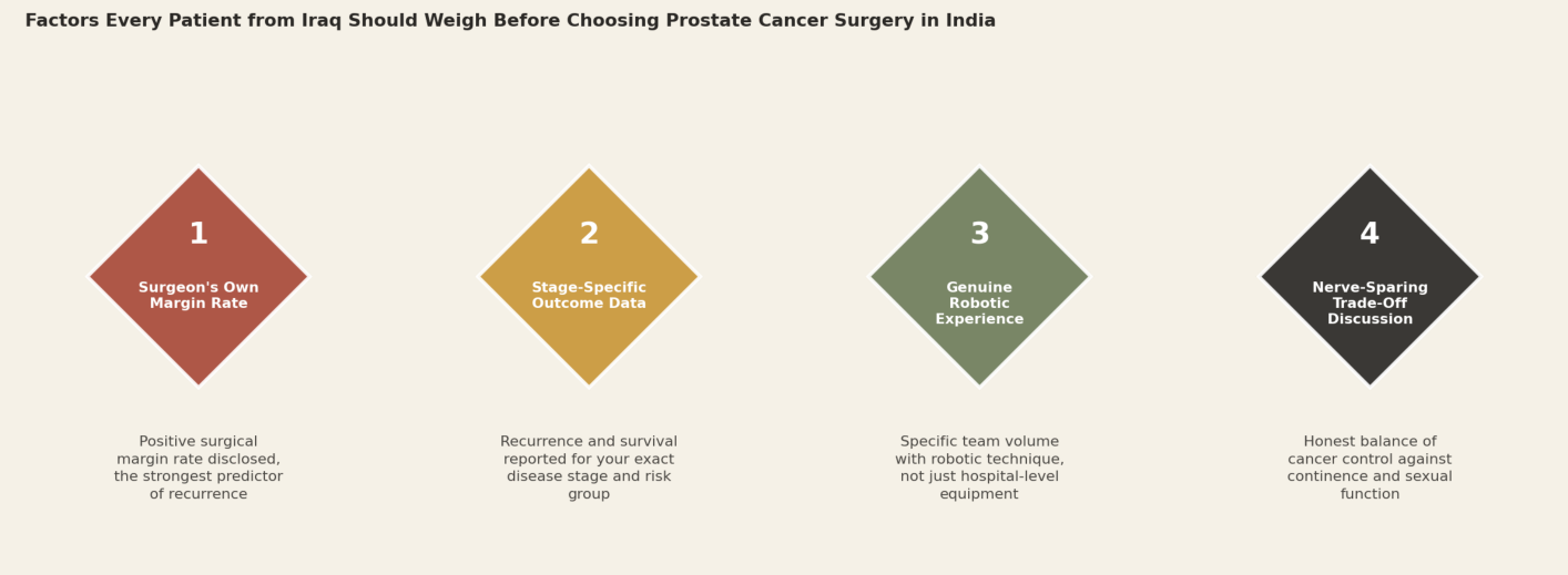 Factors every patient from Iraq should weigh before choosing prostate cancer surgery in India. 1. Surgeon's own margin rate: positive surgical margin rate disclosed, the strongest predictor of recurrence. 2. Stage-specific outcome data: recurrence and survival reported for your exact disease stage and risk group. 3. Genuine robotic experience: specific team volume with robotic technique, not just hospital-level equipment. 4. Nerve-sparing trade-off discussion: honest balance of cancer control against continence and sexual function.