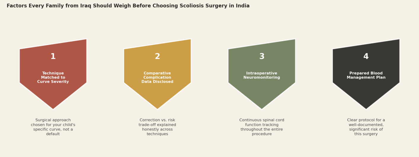 Factors every family from Iraq should weigh before choosing scoliosis surgery in India. 1. Technique matched to curve severity: surgical approach chosen for your child's specific curve, not a default. 2. Comparative complication data disclosed: correction vs. risk trade-off explained honestly across techniques. 3. Intraoperative neuromonitoring: continuous spinal cord function tracking throughout the entire procedure. 4. Prepared blood management plan: clear protocol for a well-documented, significant risk of this surgery.