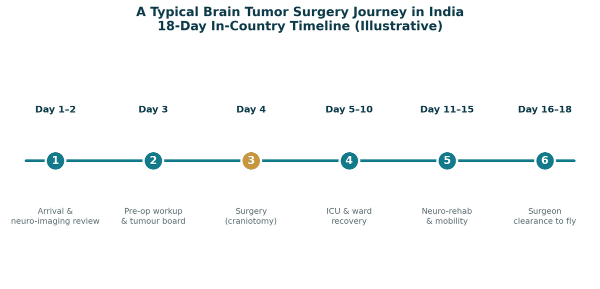 A typical brain tumor surgery journey in India, illustrative 18-day in-country timeline: Day 1 to 2 arrival and neuro-imaging review; Day 3 pre-op workup and tumour board; Day 4 surgery (craniotomy); Day 5 to 10 ICU and ward recovery; Day 11 to 15 neuro-rehab and mobility; Day 16 to 18 surgeon clearance to fly.