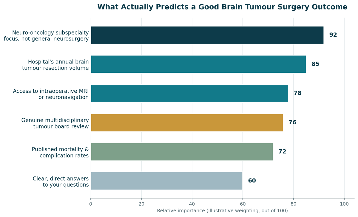 Chart, what predicts a good outcome for Brain Tumor Surgery in India, illustrative relative weighting.